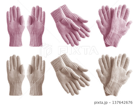 2 Set of pastel light pink beige cream knit knitted woven wool fleece hand gloves, front and flat lay view on transparent cutout PNG file. Mockup template 2 Set of pastel light pink beige cream knit knitted woven wool fleece hand gloves, front and flat lay view on transparent cutout PNG file. Mockup template 137642676