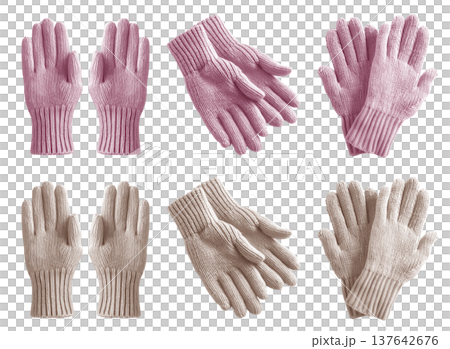 2 Set of pastel light pink beige cream knit knitted woven wool fleece hand gloves, front and flat lay view on transparent cutout PNG file. Mockup template 2 Set of pastel light pink beige cream knit knitted woven wool fleece hand gloves, front and flat lay view on transparent cutout PNG file. Mockup template 137642676