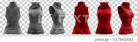 2 Set of woman red maroon grey gray sleeveless turtleneck roll High neck top sweater vest, front back side view on transparent cutout PNG file. Mockup template for artwork design 137642681