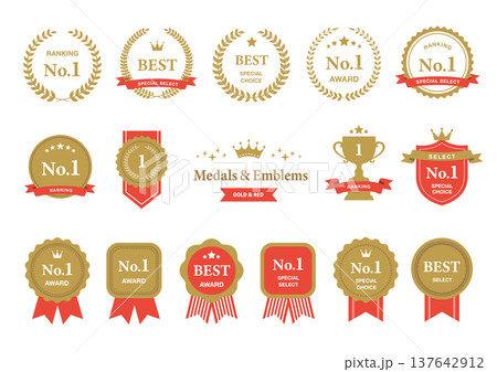 ランキング・アワード用のメダルとエンブレムのセット ゴールドと赤 137642912