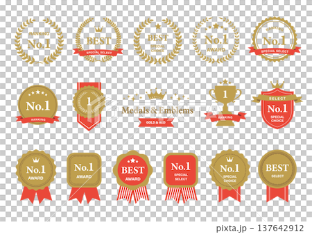 ランキング・アワード用のメダルとエンブレムのセット ゴールドと赤 137642912