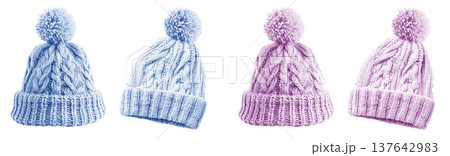 2 Set of pastel light blue purple pom pom ball knit knitted woven cuffed wool ribbed beanie hat, front and flat lay view on transparent cutout PNG file. Mockup template  137642983