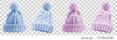 2 Set of pastel light blue purple pom pom ball knit knitted woven cuffed wool ribbed beanie hat, front and flat lay view on transparent cutout PNG file. Mockup template  137642983