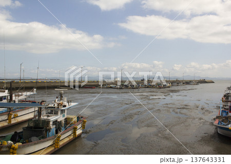 It is a tidal flat near the sea with anchored fishing boats. 137643331