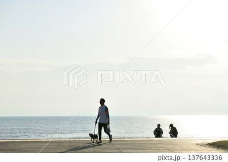 陽が傾き始めたころ片瀬西浜海岸デッキから海を眺める人たち 137643336