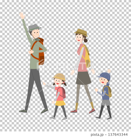 ハイキングをしている四人家族 ハイキングをしている四人家族 137643344