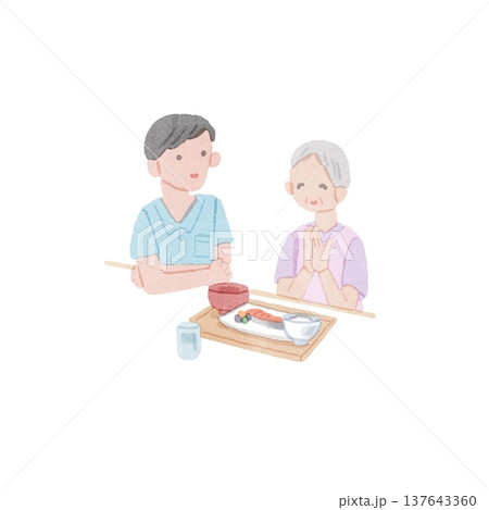 お婆さんの食事介護のイラスト 137643360