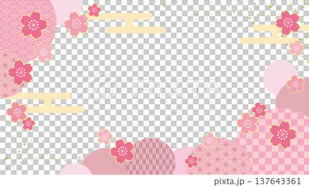 Japanese style spring banner frame with cherry blossoms and Japanese pattern circle / pink Japanese style spring banner frame with cherry blossoms and Japanese pattern circle / pink 137643361
