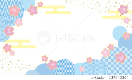 桜の花と和柄サークルの和風春のバナーフレーム/水色 137643364