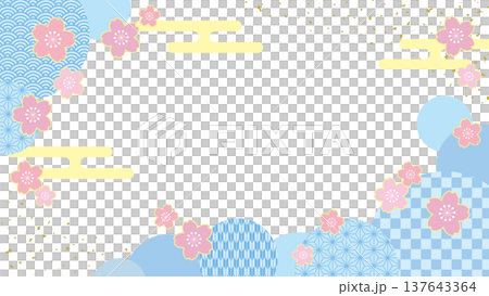 桜の花と和柄サークルの和風春のバナーフレーム/水色 137643364