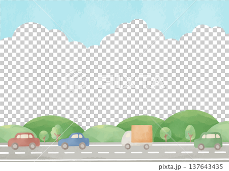 青空と雲の下を走る道路と車の風景背景｜道路,車,トラック,山,木 137643435