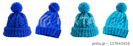 2 Set of dark light blue turquoise pom pom ball knit knitted woven cuffed wool ribbed beanie hat, front and flat lay view on transparent cutout PNG file. 137643458