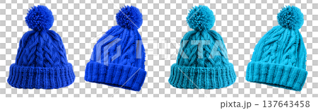 2 Set of dark light blue turquoise pom pom ball knit knitted woven cuffed wool ribbed beanie hat, front and flat lay view on transparent cutout PNG file. 137643458