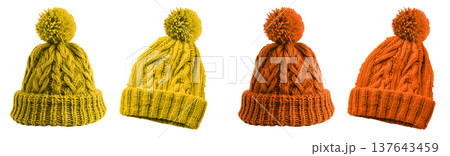 2 Set of yellow orange mustard pom pom ball knit knitted woven cuffed wool ribbed beanie hat, front and flat lay view on transparent cutout PNG file. Mockup template f 137643459