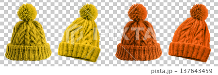 2 Set of yellow orange mustard pom pom ball knit knitted woven cuffed wool ribbed beanie hat, front and flat lay view on transparent cutout PNG file. Mockup template f 137643459