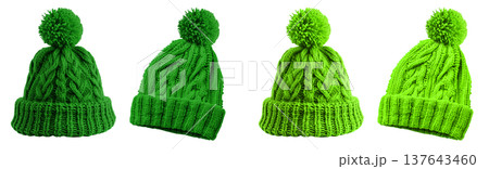2 Set of dark light green lime pom pom ball knit knitted woven cuffed wool ribbed beanie hat, front and flat lay view on transparent cutout PNG file. Mockup  137643460
