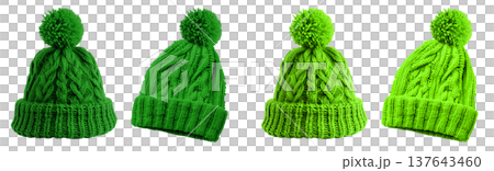 2 Set of dark light green lime pom pom ball knit knitted woven cuffed wool ribbed beanie hat, front and flat lay view on transparent cutout PNG file. Mockup  137643460