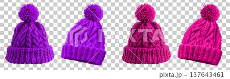 2 Set of magenta purple pink pom pom ball knit knitted woven cuffed wool ribbed beanie hat, front and flat lay view on transparent cutout PNG file. Mockup template  137643461