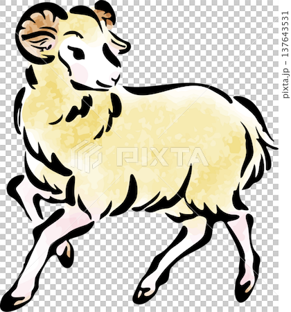 New Year's card illustration for 2027: Ink painting of a sheep. 2027 New Year's card material, ink painting, watercolor, Japanese painting, Japanese style, Chinese zodiac. 137643531
