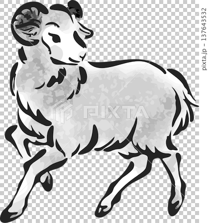 New Year's card illustration for 2027: Ink painting of a sheep. 2027 New Year's card material, ink painting, watercolor, Japanese painting, Japanese style, Chinese zodiac. 137643532