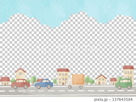 街並みと道路を走る車とトラックの風景背景|車,道路,家,街,青空 街並みと道路を走る車とトラックの風景背景|車,道路,家,街,青空 137643584