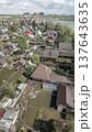 Spring flood disaster with fully submerged houses, flooded roads and overflowing waterways. The footage shows the dramatic impact of heavy rainfall and rising water levels on residential areas 137643635