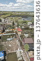 Spring flood disaster with fully submerged houses, flooded roads and overflowing waterways. The footage shows the dramatic impact of heavy rainfall and rising water levels on residential areas 137643636