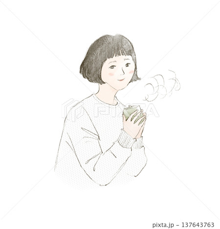 温かいお茶を飲む若い女性の手描きイラスト 137643763