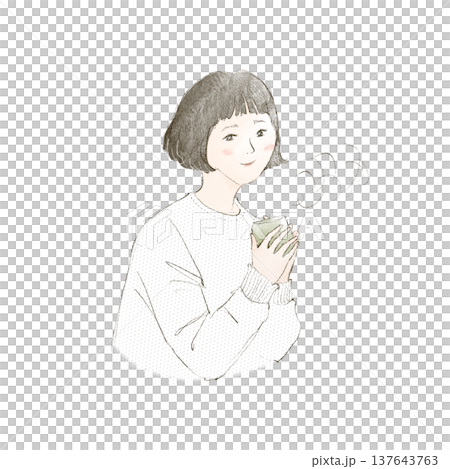 温かいお茶を飲む若い女性の手描きイラスト 137643763