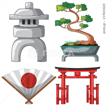 Japanese Cultural Icons Vector Set with Bonsai and Torii Gate 137643820