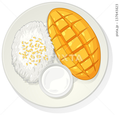 Mango Sticky Rice Dessert on White Plate Top View 137643823