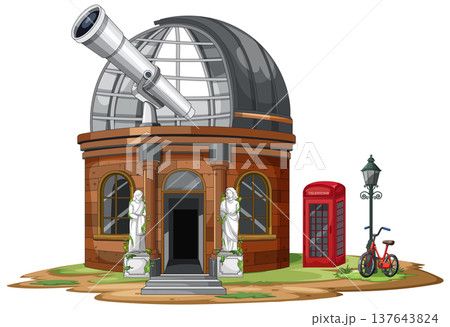 Cartoon Observatory Building With Telescope And Telephone Booth 137643824