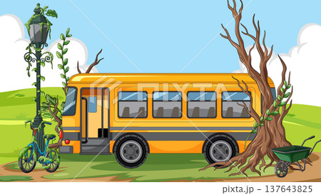 Abandoned School Bus in Overgrown Countryside Landscape 137643825