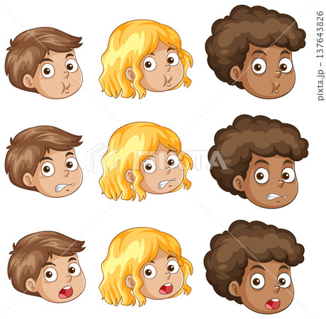 Cartoon Children Heads with Different Facial Expressions and Diverse Hair Styles 137643826