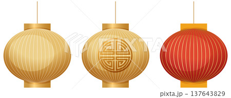 Set of Three Traditional Chinese Lanterns in Gold and Red 137643829