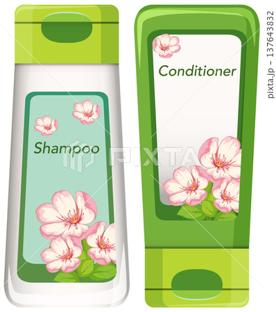Floral Shampoo and Conditioner Bottles Vector Illustration 137643832