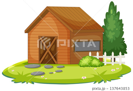 Wooden Shed with Fence and Greenery in Cartoon Style Wooden Shed with Fence and Greenery in Cartoon Style 137643853