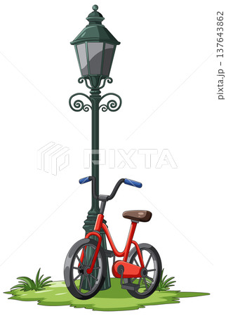Red Bicycle Leaning Against Vintage Street Lamp Post Red Bicycle Leaning Against Vintage Street Lamp Post 137643862