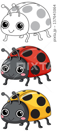 Cute Cartoon Ladybug Vector Set in Red Yellow and Outline Styles 137643864