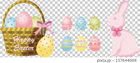 ハッピーイースターのイラストセット。イースターエッグ、チョコのウサギ、飾り、あしらい、デザイン素材 ハッピーイースターのイラストセット。イースターエッグ、チョコのウサギ、飾り、あしらい、デザイン素材 137644009