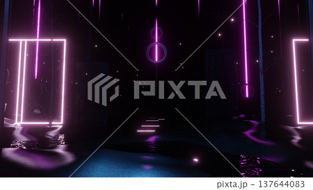 Mystical Forest Scene Cyberpunk Style Lighting, A 3d render illustration of a mystical forest bathed in cyberpunk neon, blending nature with futuristic atmosphere, for art documentary and creative. 137644083