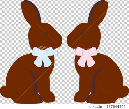 イースターのチョコレートウサギ。リボンをつけたペアのうさぎのイラスト。 137644363