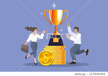 Successful business people celebrating achievement with gold trophy and money coins. Creative character design for leadership growth and career goals to inspire financial success and winning team Successful business people celebrating achievement with gold trophy and money coins. Creative character design for leadership growth and career goals to inspire financial success and winning team 137644493