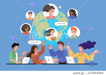 Professional team working on laptops with earth globe and floating avatars on blue background. Creative concept for international collaboration remote teamwork and world communication technology 137644494