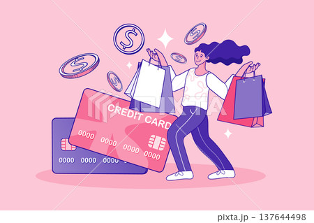 Female consumer holding many shopping bags celebrating successful digital payment. Creative concept for credit card services personal finance management and e-commerce lifestyle growth Female consumer holding many shopping bags celebrating successful digital payment. Creative concept for credit card services personal finance management and e-commerce lifestyle growth 137644498