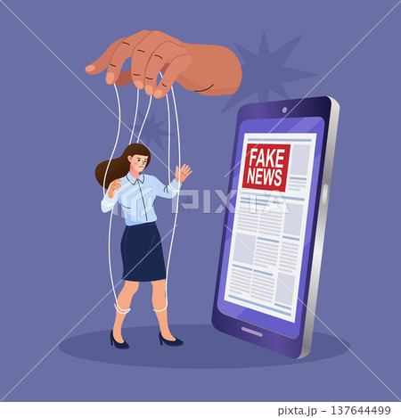 Huge hand pulling strings of a person walking toward smartphone with disinformation headline. Creative concept for propaganda mass media influence and digital misinformation crisis Huge hand pulling strings of a person walking toward smartphone with disinformation headline. Creative concept for propaganda mass media influence and digital misinformation crisis 137644499