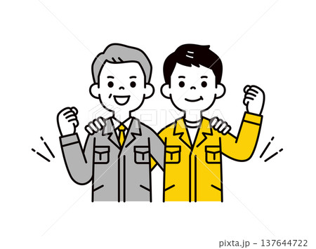 ガッツポーズで頑張る、作業服を着た男性従業員と工務店の社長の上半身ベクターイラスト素材 137644722