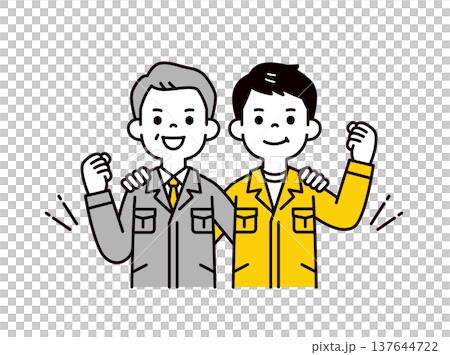 ガッツポーズで頑張る、作業服を着た男性従業員と工務店の社長の上半身ベクターイラスト素材 137644722