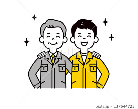 笑顔で肩を組む、作業着を着た社長・経営者と若い現場作業員の上半身ベクターイラスト素材 137644723