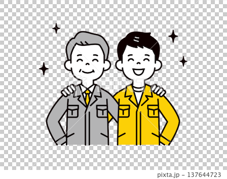 笑顔で肩を組む、作業着を着た社長・経営者と若い現場作業員の上半身ベクターイラスト素材 137644723